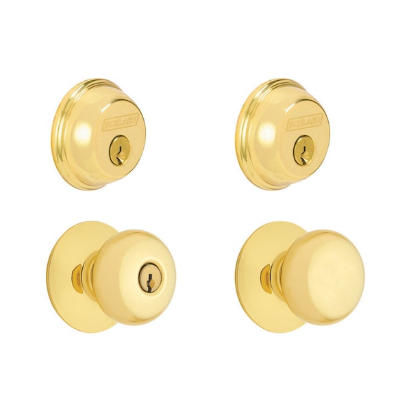 Schlage Plymouth Bright Brass Knob and Double Cylinder Deadbolt 1-3/4 in. FB52NVPLY505 - main